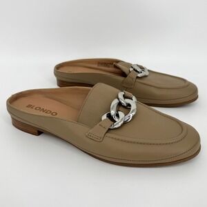 Blondo Brylee Tan Leather Mules Shoes 8M Water Resistant Chain Link Loafer Flat